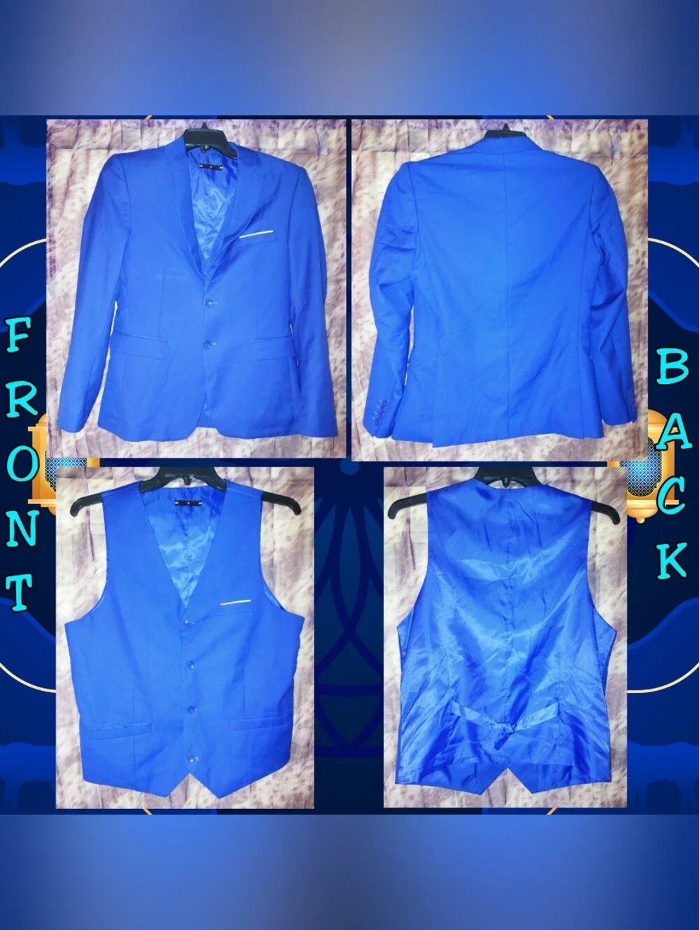Unbranded 2Pc Set Royal Blue Classic Tailored Fit Soft Woven Blazer & Vest Sz S